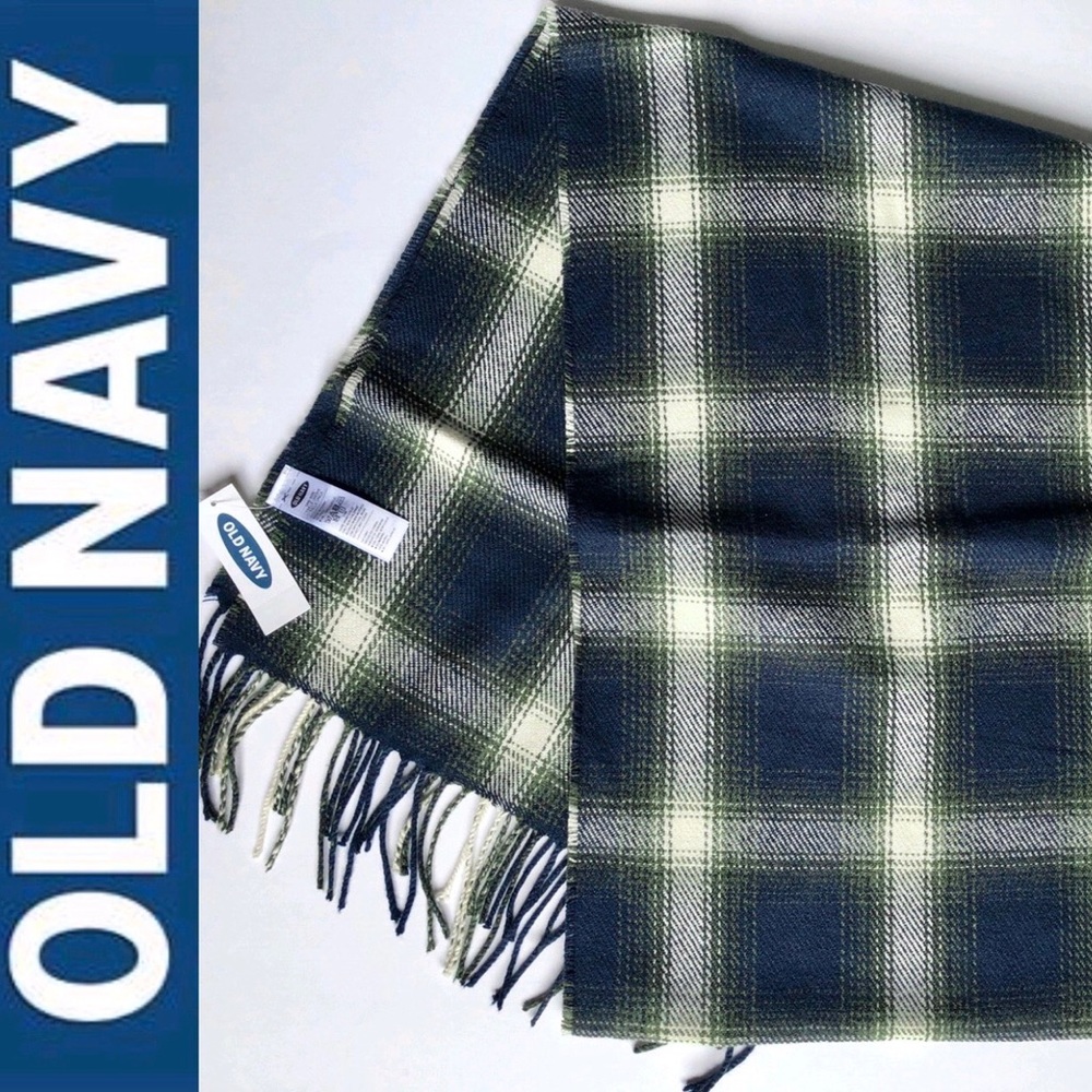 NEW OLD NAVY Plaid Neck Scarf Fringed Hems Blue Green 76” x 13” Men’s UNISEX
